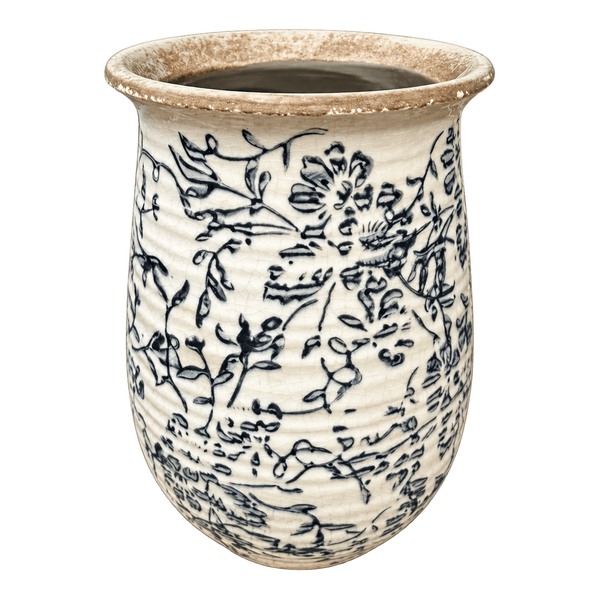Ceramic Vase - Black Floral Silhouettes, Rippled Body