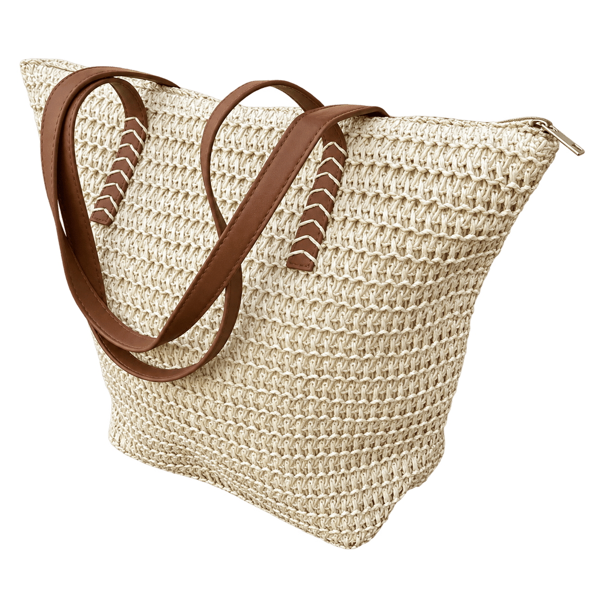 Braided Beach Bag - Dark Brown Faux Leather Handles