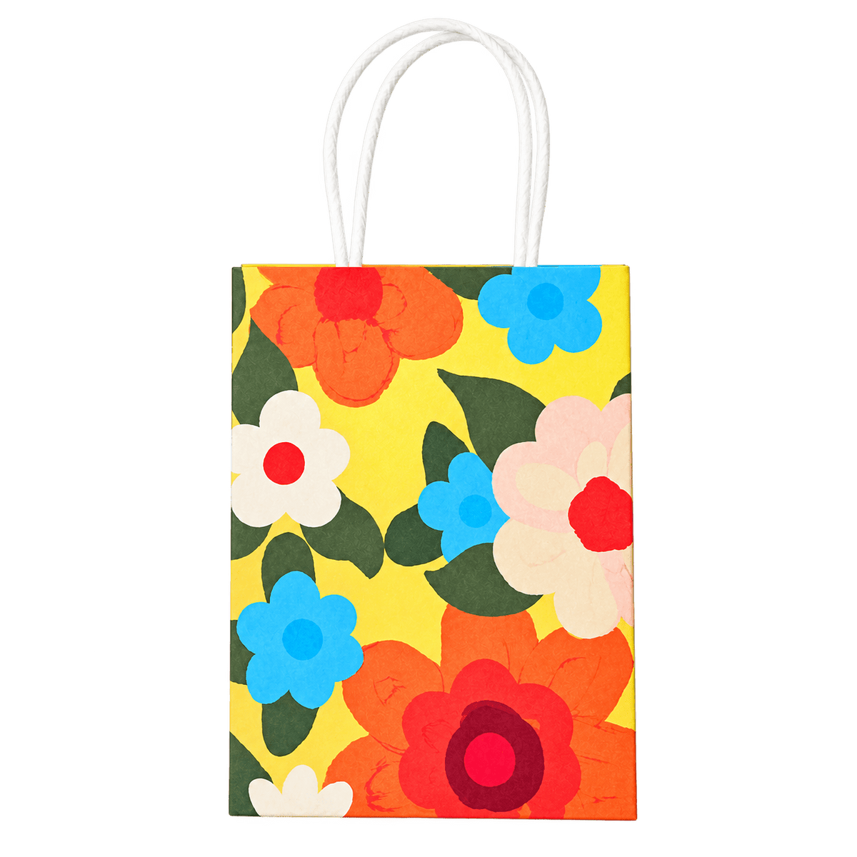 Medium paper gift bag with white twisted handles, yellow background, vibrant strawberry and floral pattern