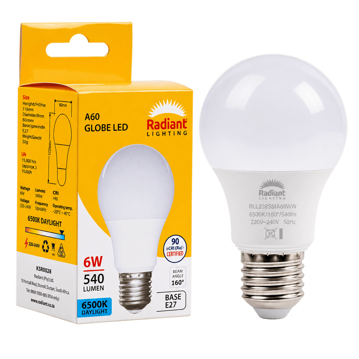 6W A60 Globe LED Bulb – E27, 6500K Daylight