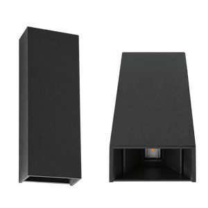 Tall black LED wall light shown side and front, front view reveals interior opening with small orange indicator.