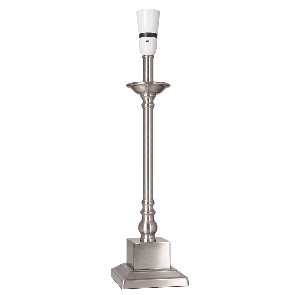Satin chrome table lamp with tall slender stem, square base, decorative collar, white bulb holder with black band