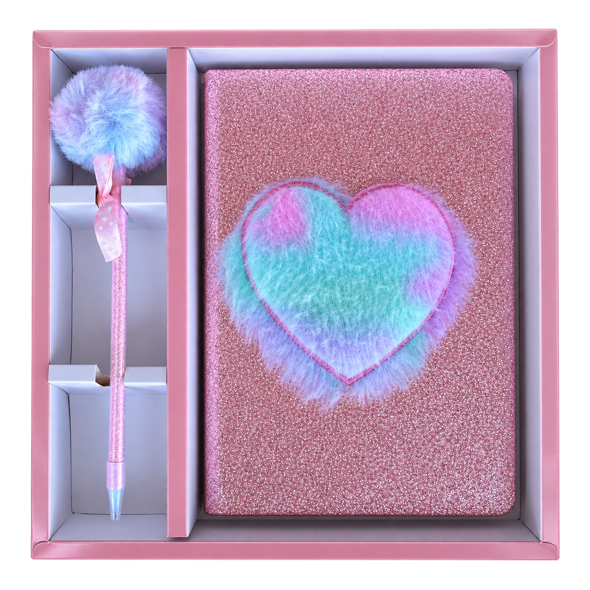 Notebook Gift Set - Pink Glitter & Pastel Rainbow Fluffy Heart