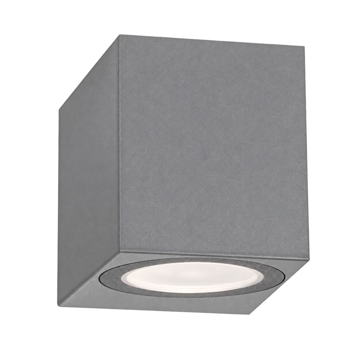 Grey rectangular outdoor wall light with oval illuminated lens