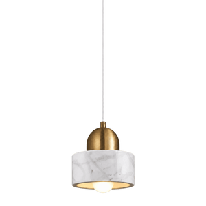 White marble pendant light with gold dome and illuminated bulb hanging from a cord against a green background