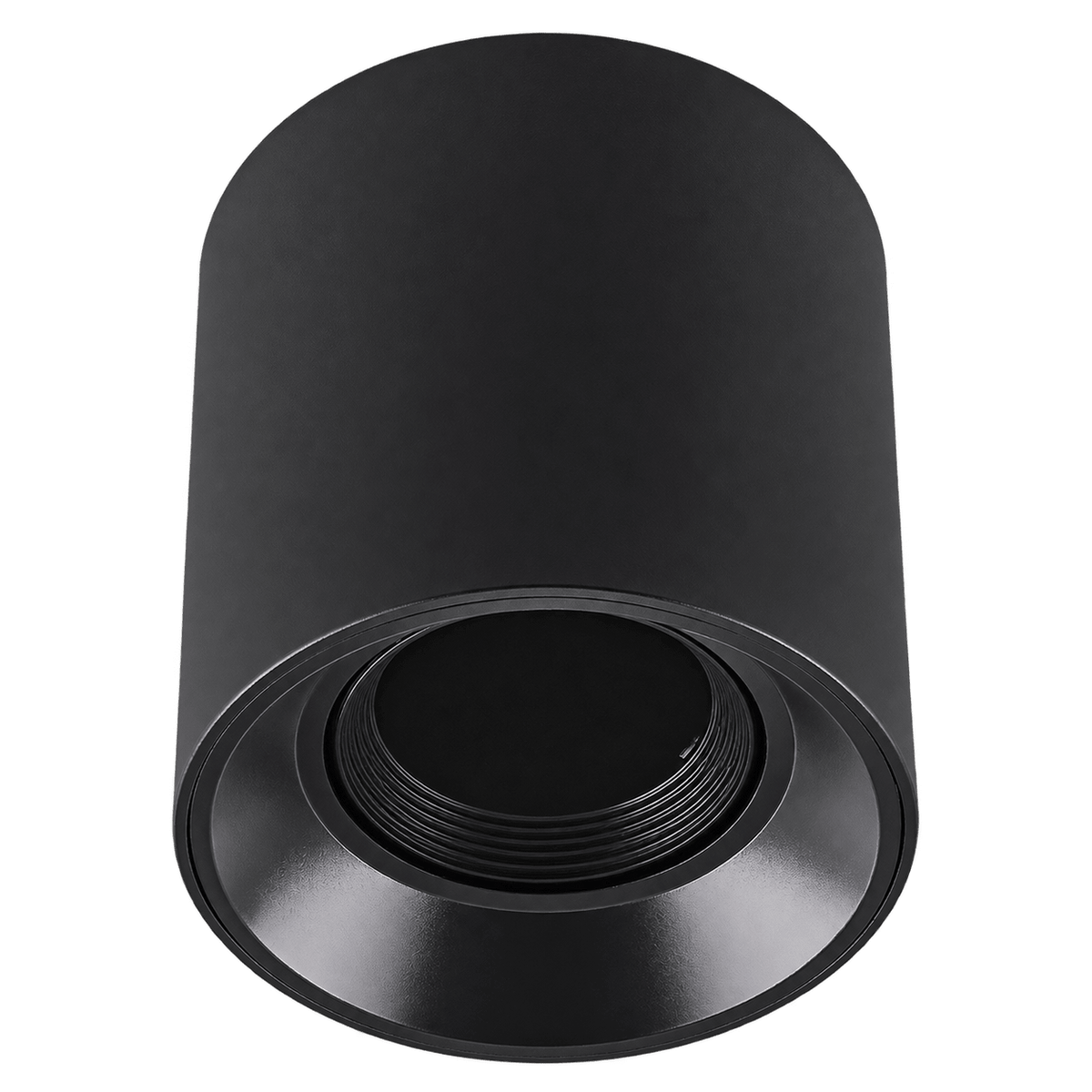 Black cylindrical surface‑mount downlight with GU10 socket, shown against a green background.