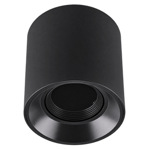Black cylindrical surface‑mount downlight with GU10 socket, shown against a green background.
