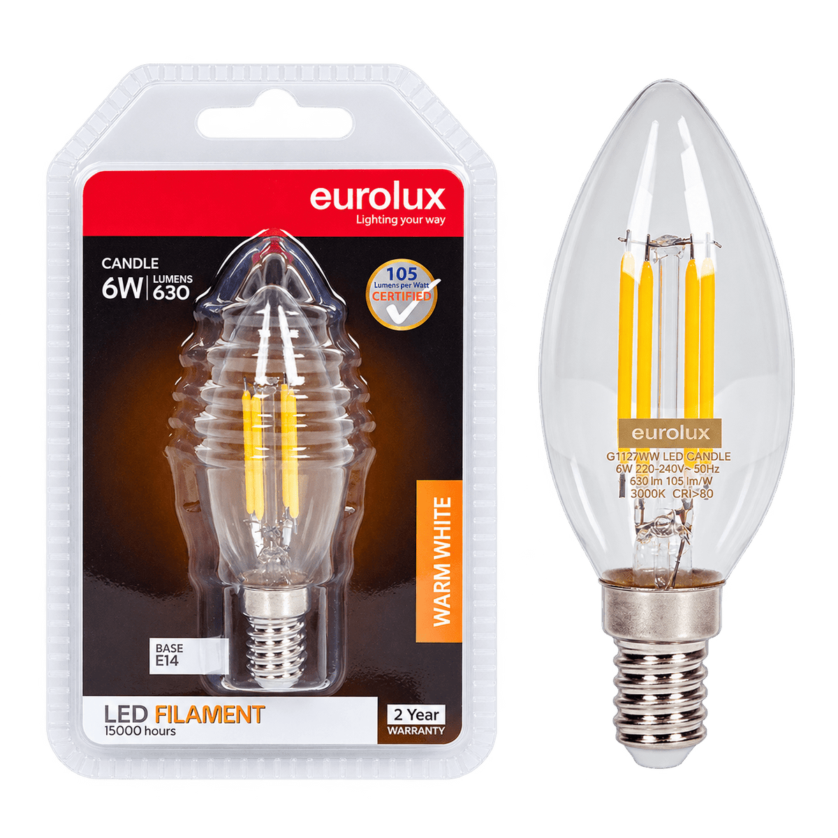 6W Candle Filament LED Bulb – E14, 3000K Warm White