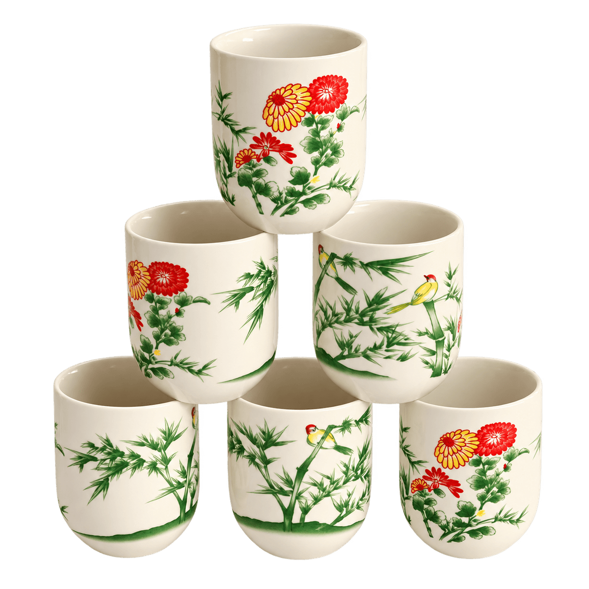 Ceramic Tea Cup Set of 6 - Bamboo & Birds
