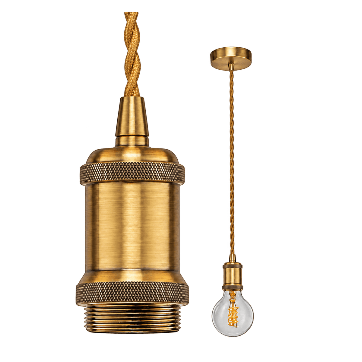 Antique Brass Pendant Light - Twisted Fabric Cord