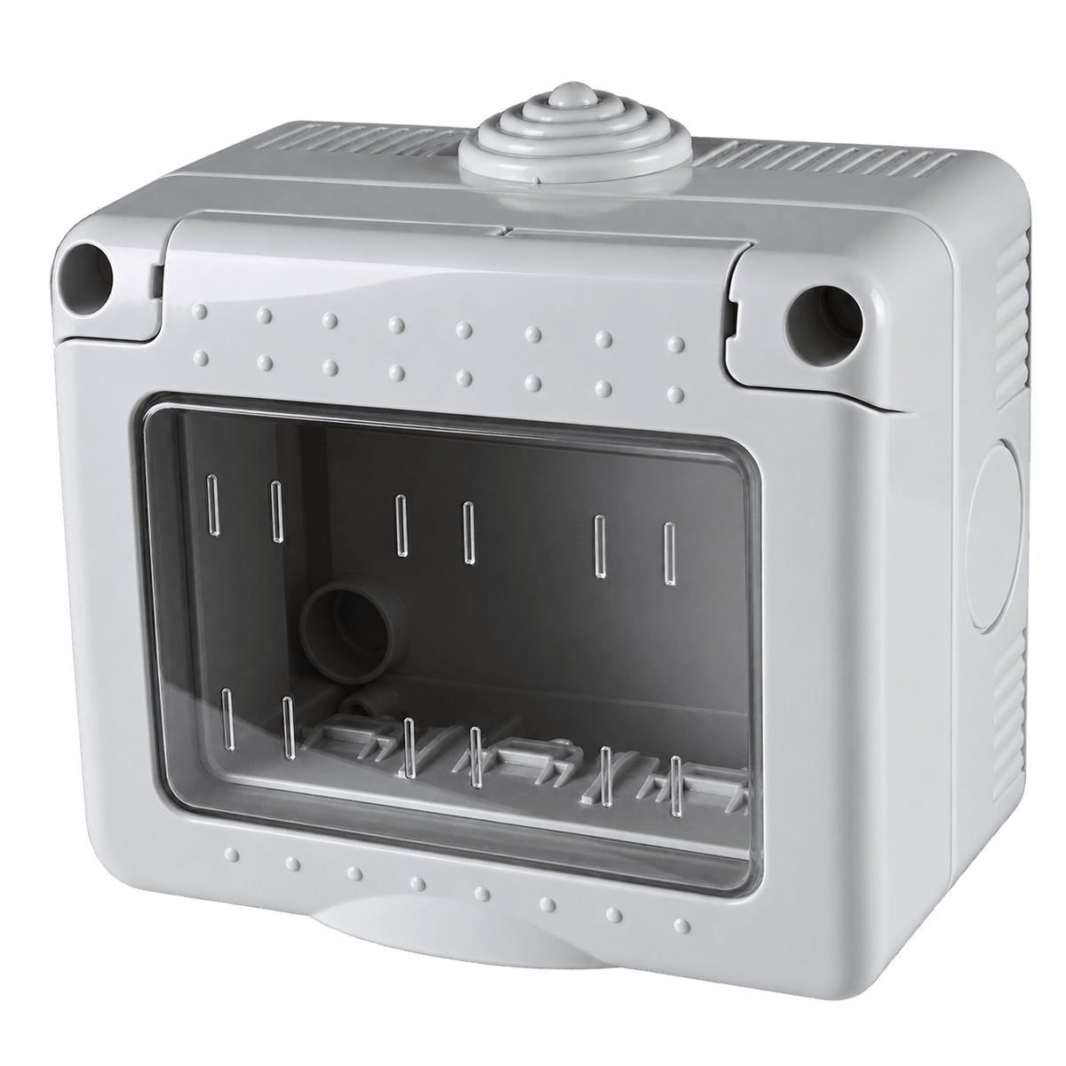White 3‑gang IP55 electrical enclosure, clear front panel reveals mounting slots and pipe, dome button on top, side openings