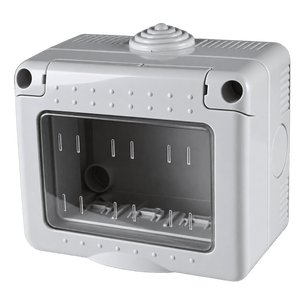 White 3‑gang IP55 electrical enclosure, clear front panel reveals mounting slots and pipe, dome button on top, side openings