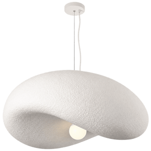 White textured pendant light with cloud-shaped shade hanging from ceiling, bulb visible inside.