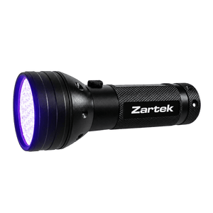 Black Zartek 51‑LED UV flashlight emitting purple light, shown against green background.