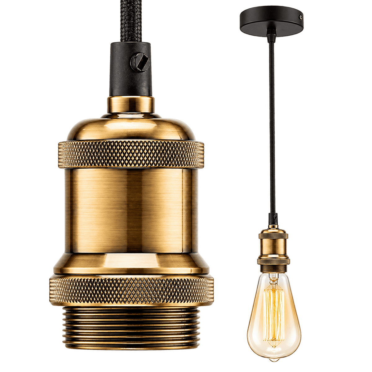 Antique Brass Pendant Light - Black Fabric Cable