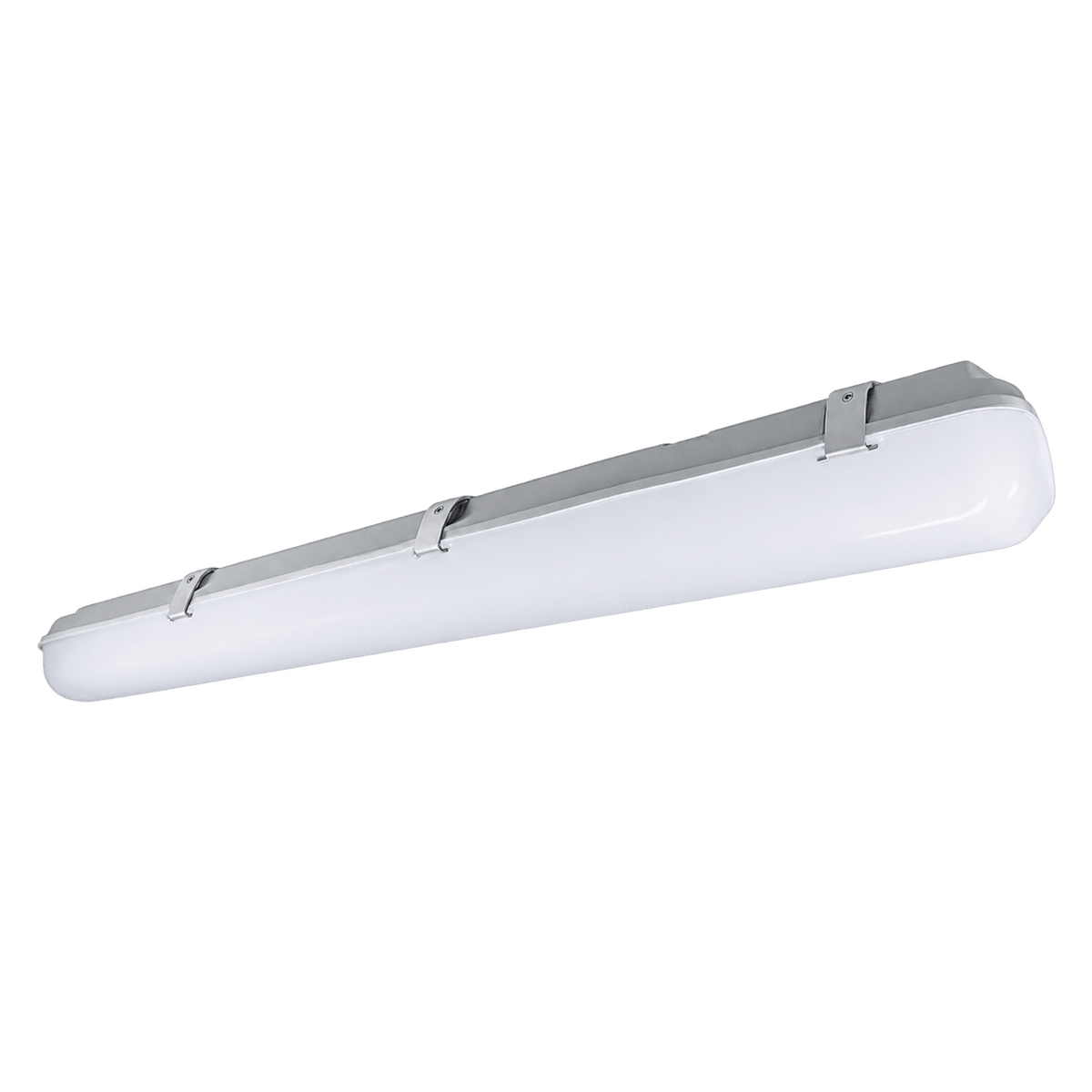 Long rectangular LED tube fitting with white diffuser and grey metal housing, three mounting brackets