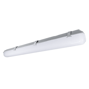 Long rectangular LED tube fitting with white diffuser and grey metal housing, three mounting brackets