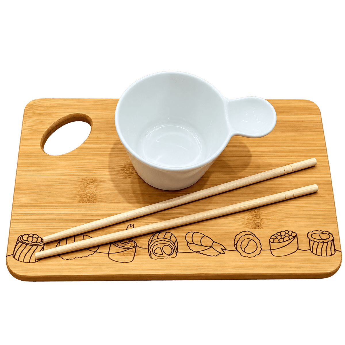 Small Bamboo Board, Chopsticks & Ceramic Bowl - Engraved Sushi