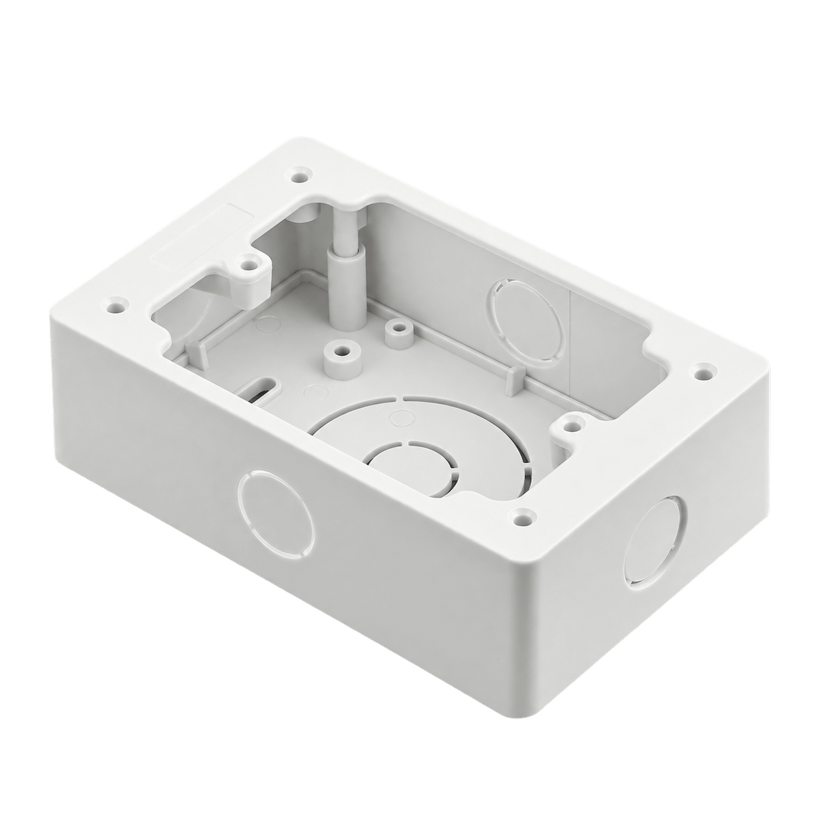 White plastic surface mount box for switches or plugs, shown empty with mounting holes.