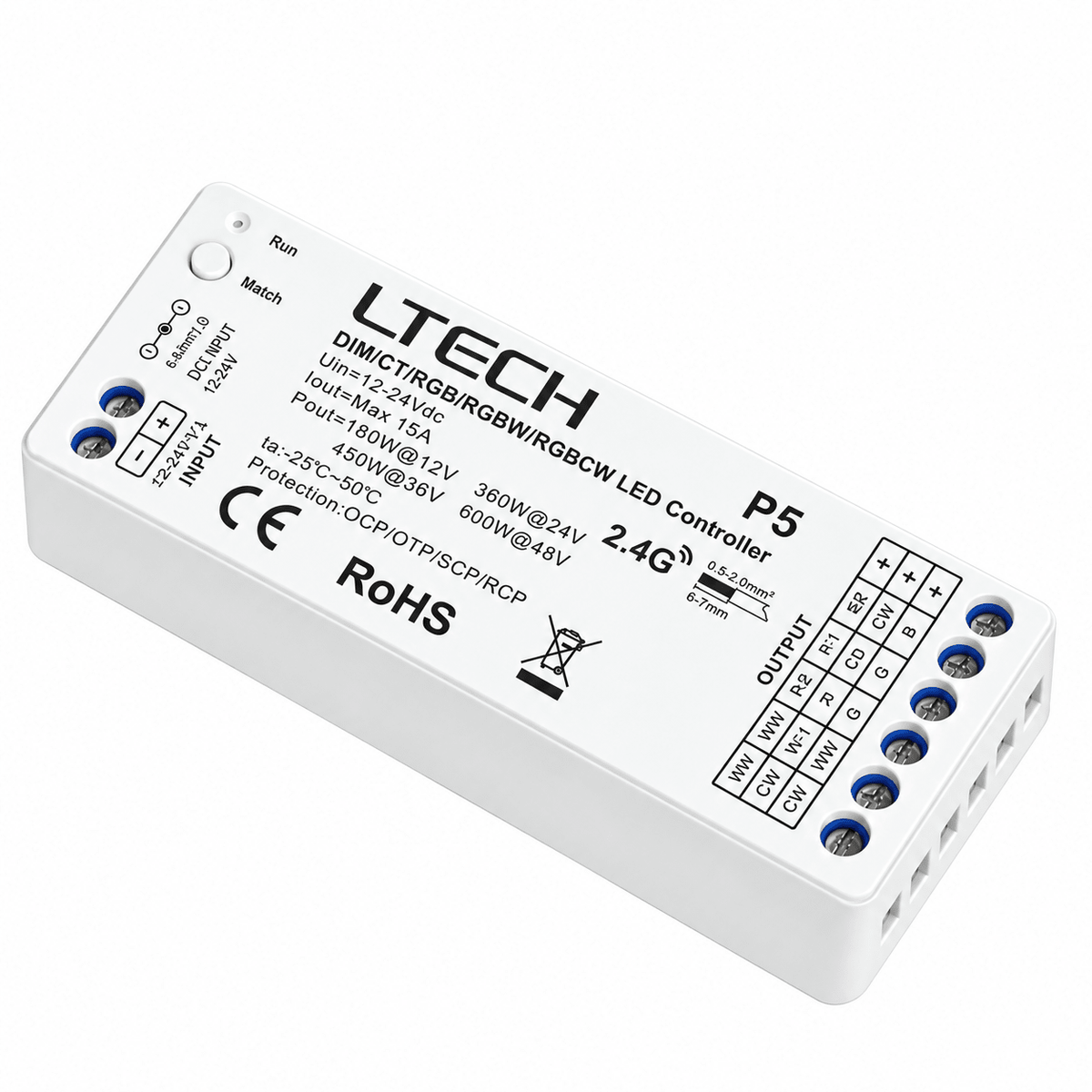 White LED controller with blue and black connectors, labeled with specifications and model name "P5" on top.