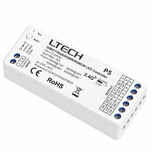 White LED controller with blue and black connectors, labeled with specifications and model name "P5" on top.