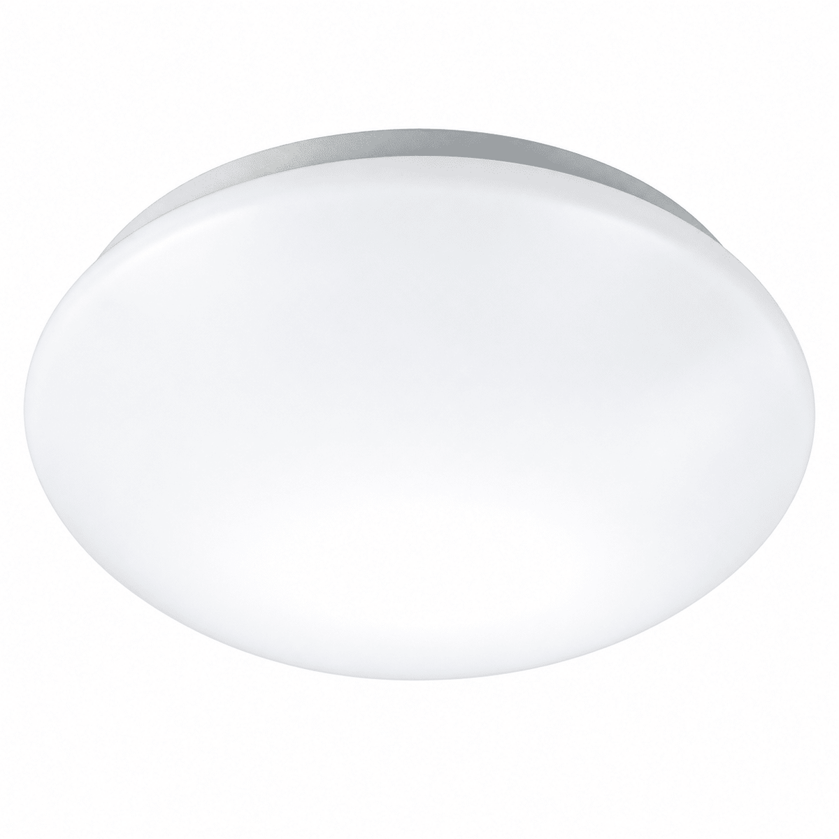 A large, round ceiling light with a smooth white finish and a silver edge, mounted flush against a white background.