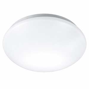 A large, round ceiling light with a smooth white finish and a silver edge, mounted flush against a white background.