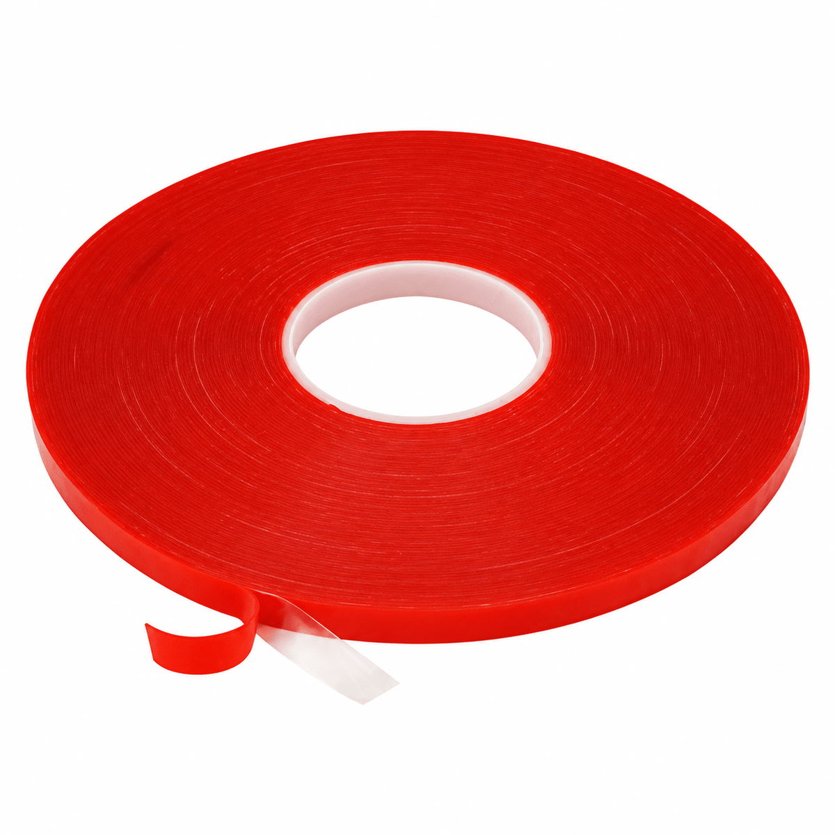 A roll of high-bond double-sided tape in bright red, with a white core, partially unrolled.
