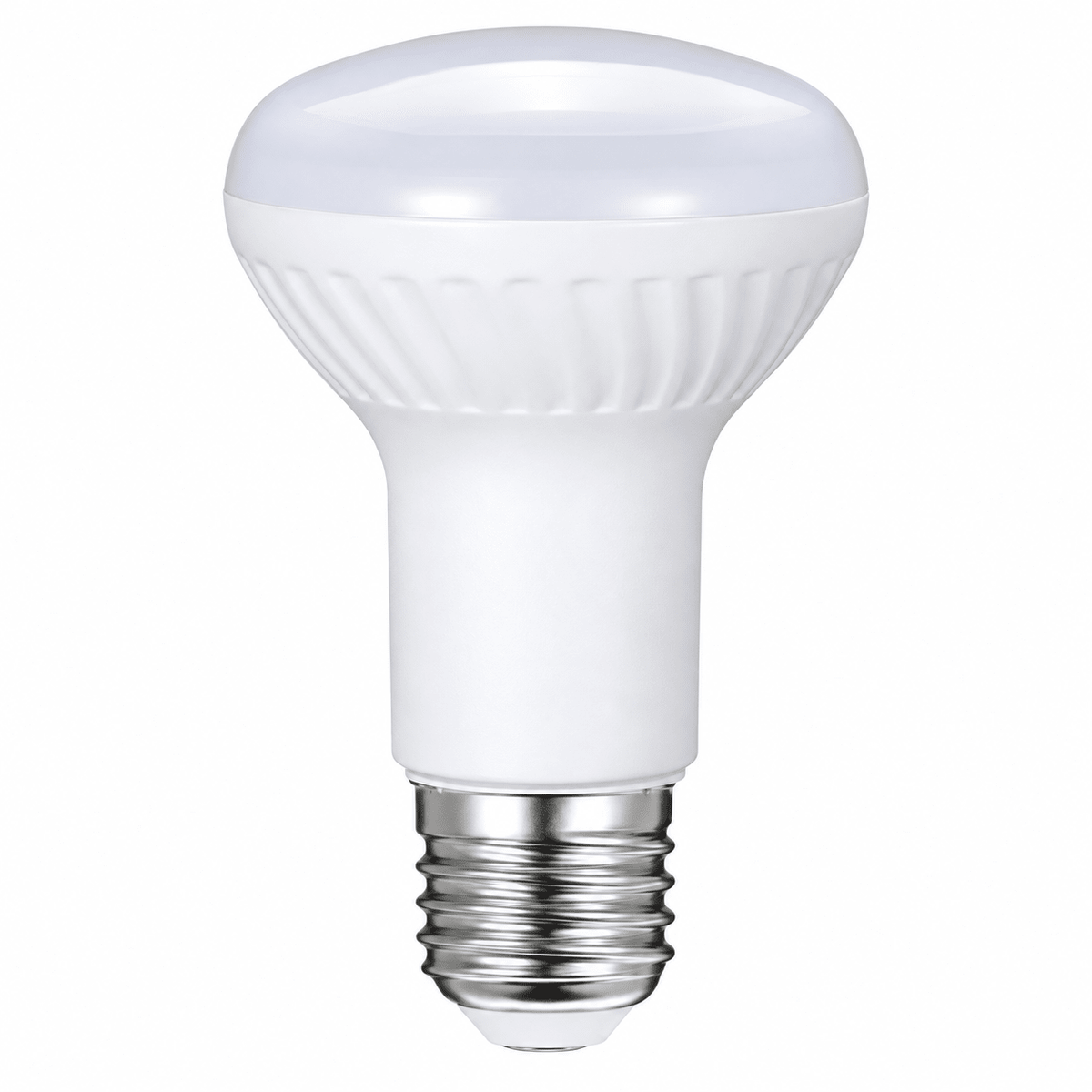 A white 8W R63 LED bulb with a smooth dome top and a silver screw base, featuring ribbed detailing on the neck.