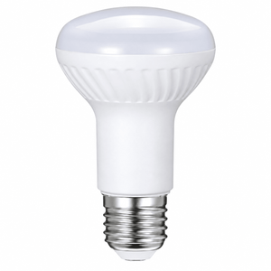 A white 8W R63 LED bulb with a smooth dome top and a silver screw base, featuring ribbed detailing on the neck.