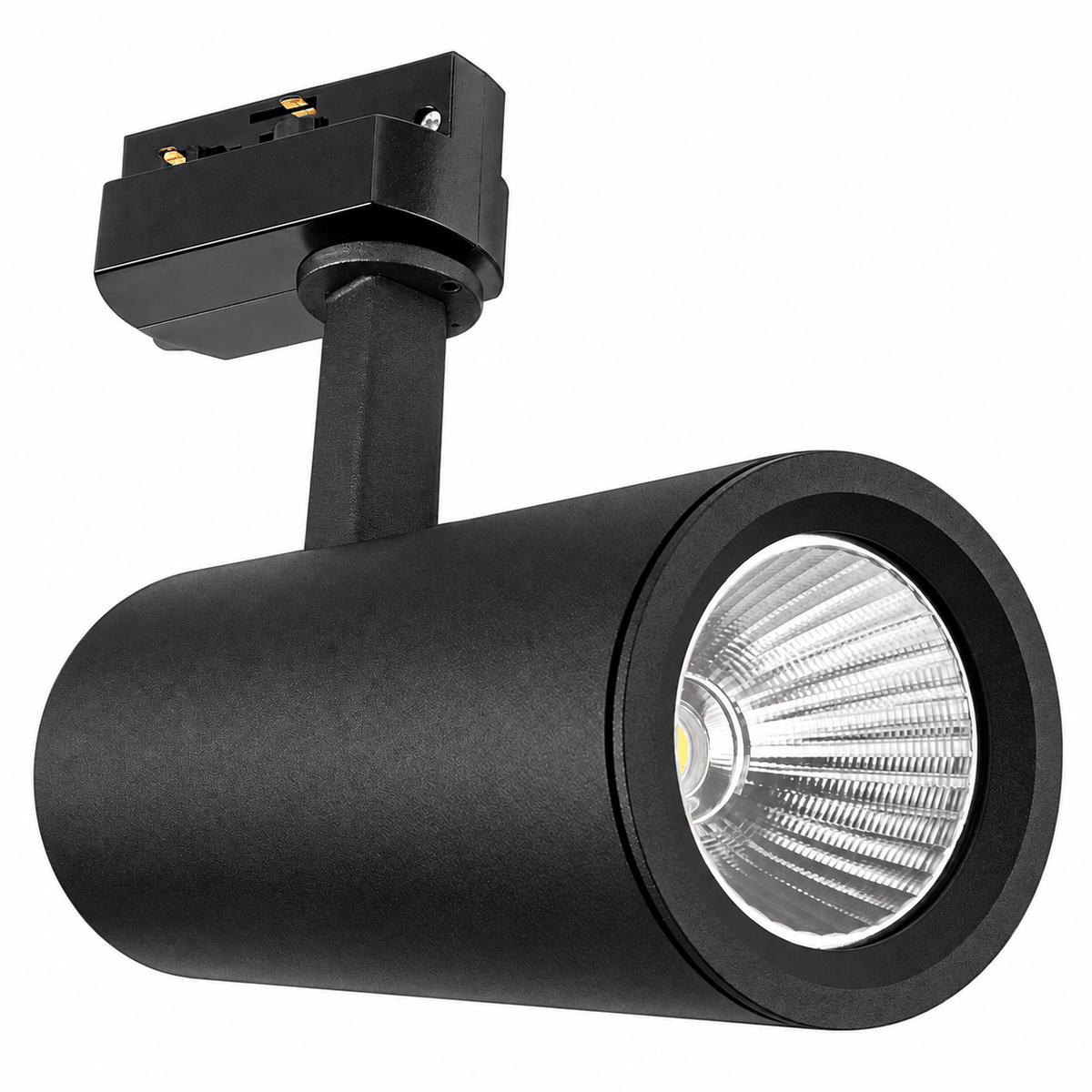 Black LED track light with a cylindrical body and a reflective lens, mounted on a black connector.