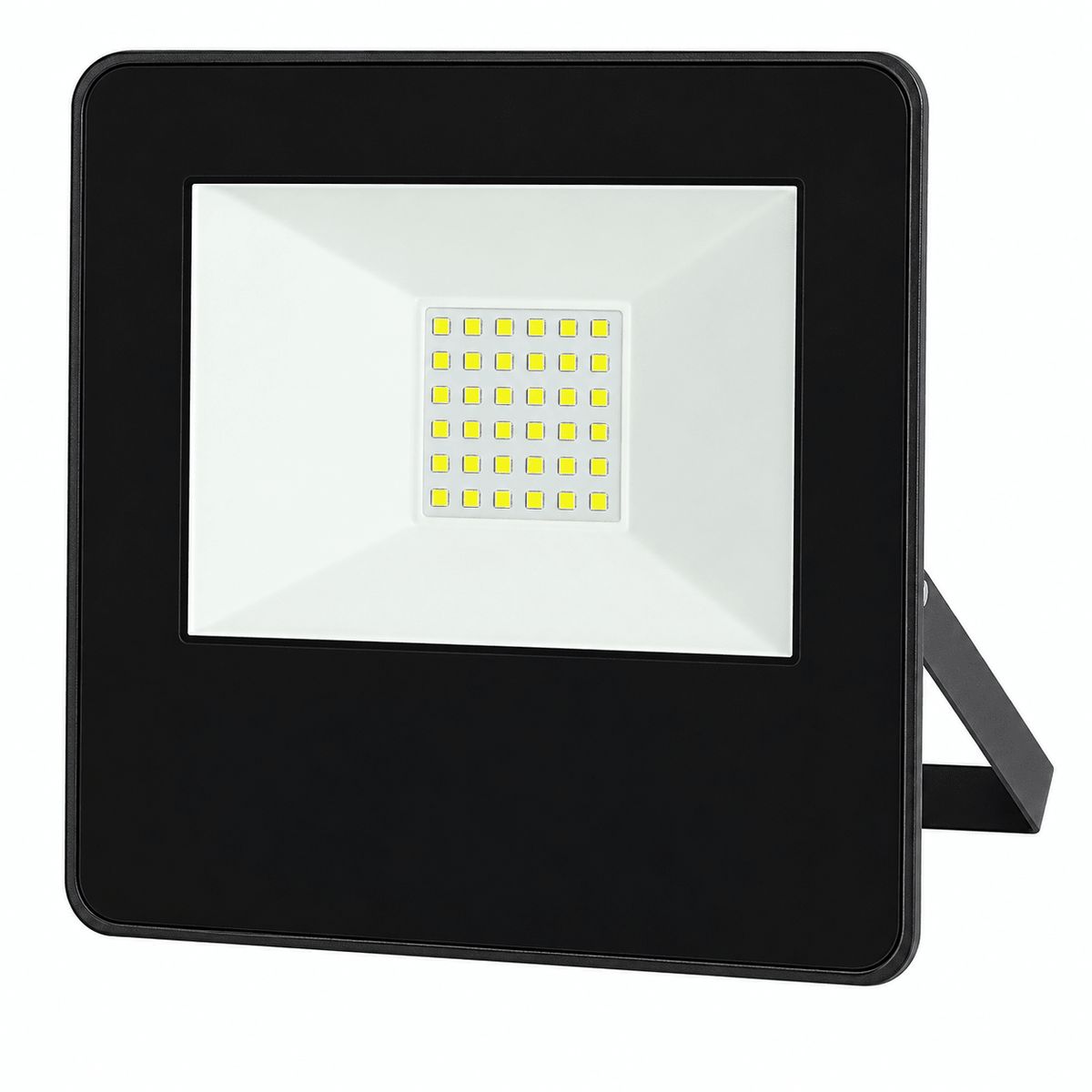 A black LED flood light with a square design, featuring a white lens and a grid of yellow LEDs in the center.