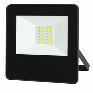 A black LED flood light with a square design, featuring a white lens and a grid of yellow LEDs in the center.