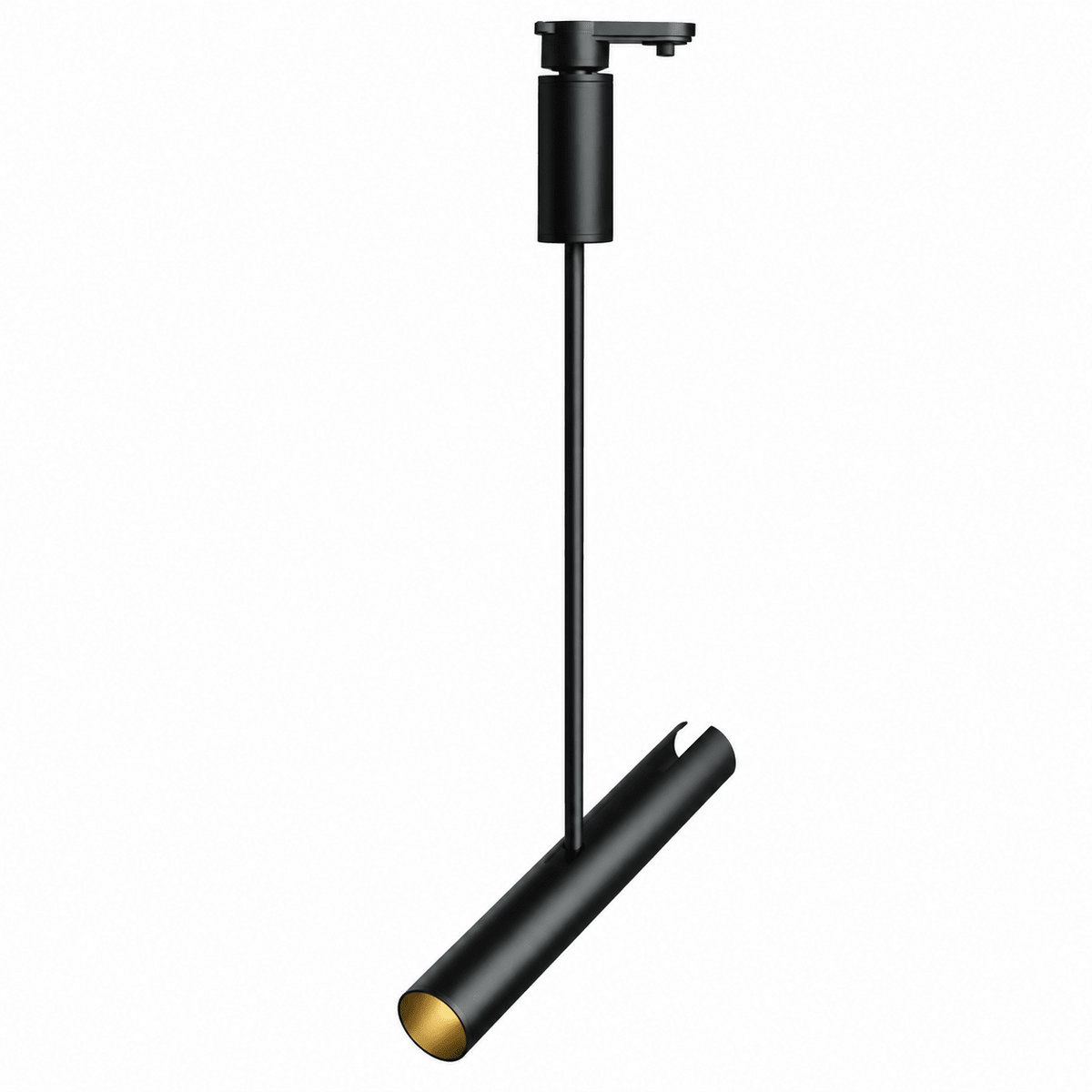 Black track light with a cylindrical shade featuring a warm white interior, suspended from a thin black rod.