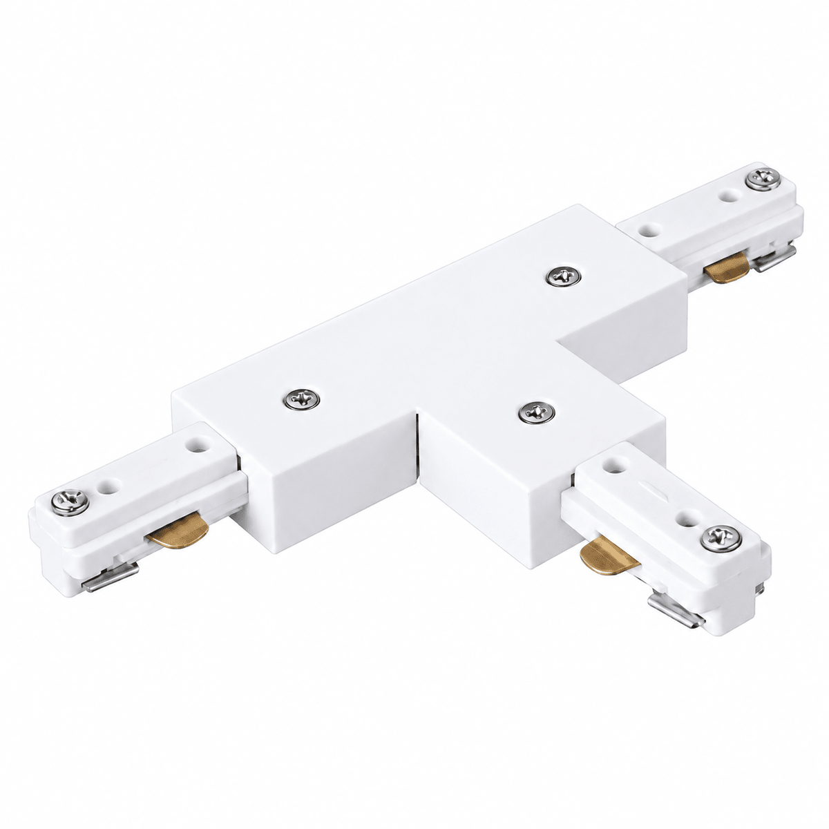 White 3-wire track T-connector with two side connectors and visible screws, arranged in a T-shape.