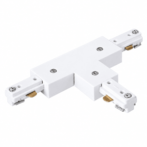 White 3-wire track T-connector with two side connectors and visible screws, arranged in a T-shape.