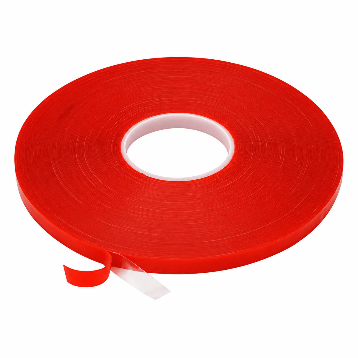 A roll of high-bond double-sided tape in bright red, with a white core, partially unrolled.