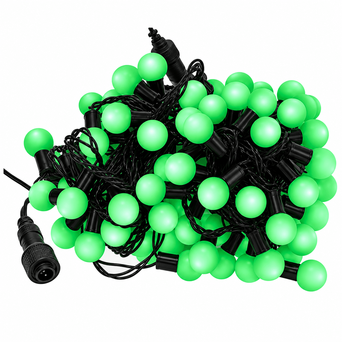 A tangled arrangement of green LED ball string lights with black wiring and a connector.