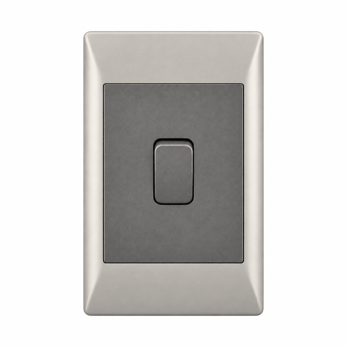 A rectangular, metallic light switch with a dark gray lever centered on a silver frame.