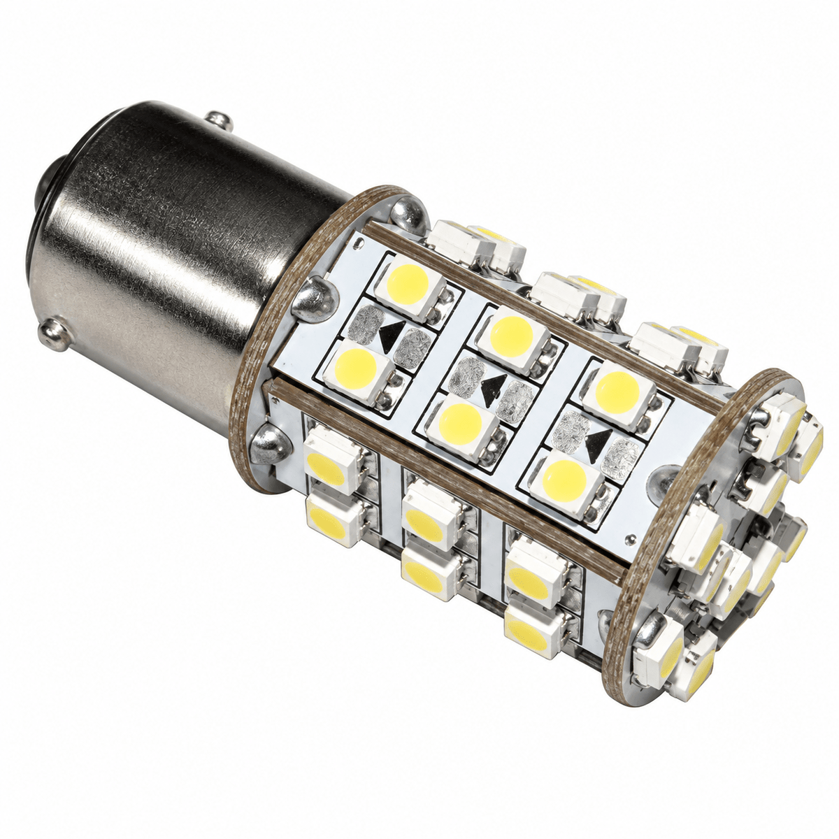 LED car light with a metallic base and multiple yellow LED chips arranged in a cylindrical shape.