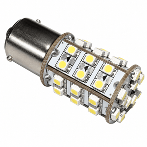 LED car light with a metallic base and multiple yellow LED chips arranged in a cylindrical shape.