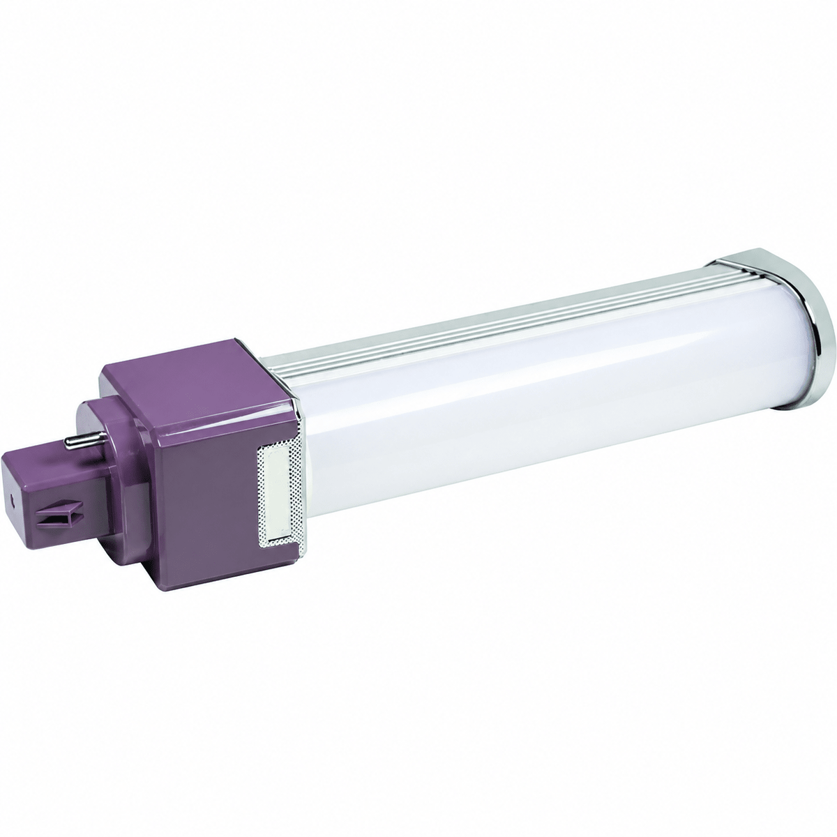 LED bulb with a purple base and a clear cylindrical body, featuring a silver end cap.
