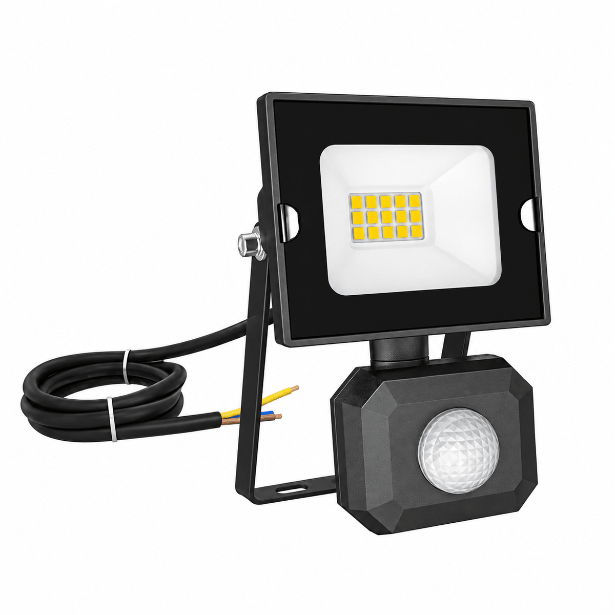LED flood light with a black finish, motion sensor, and a white light panel, featuring a flexible power cable.