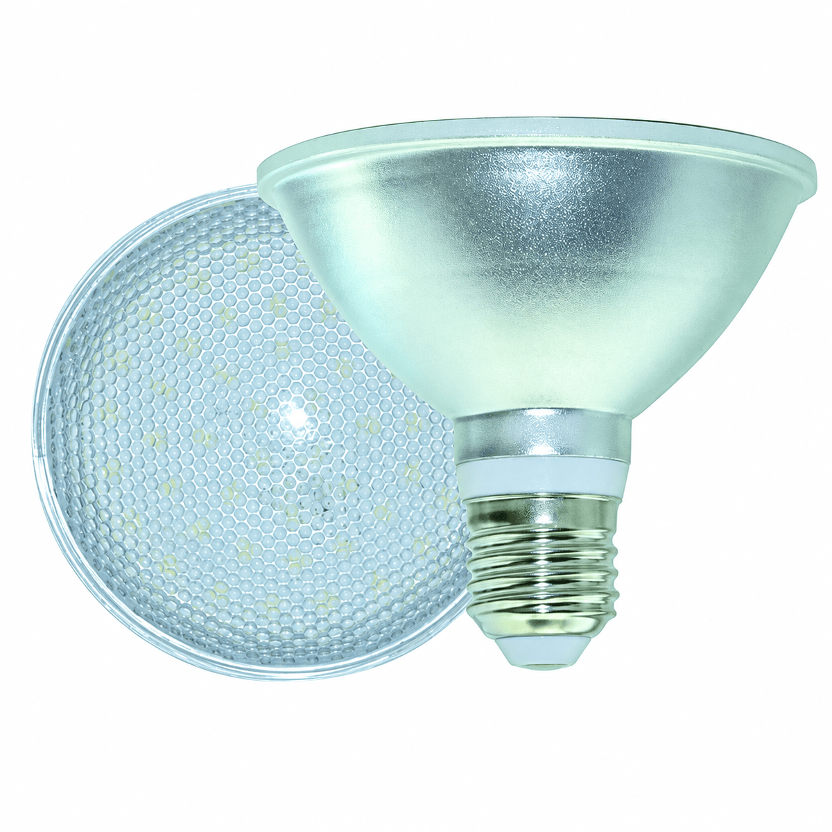 A 9W PAR30 LED bulb with a silver reflective finish and a textured lens, showcasing a honeycomb pattern.