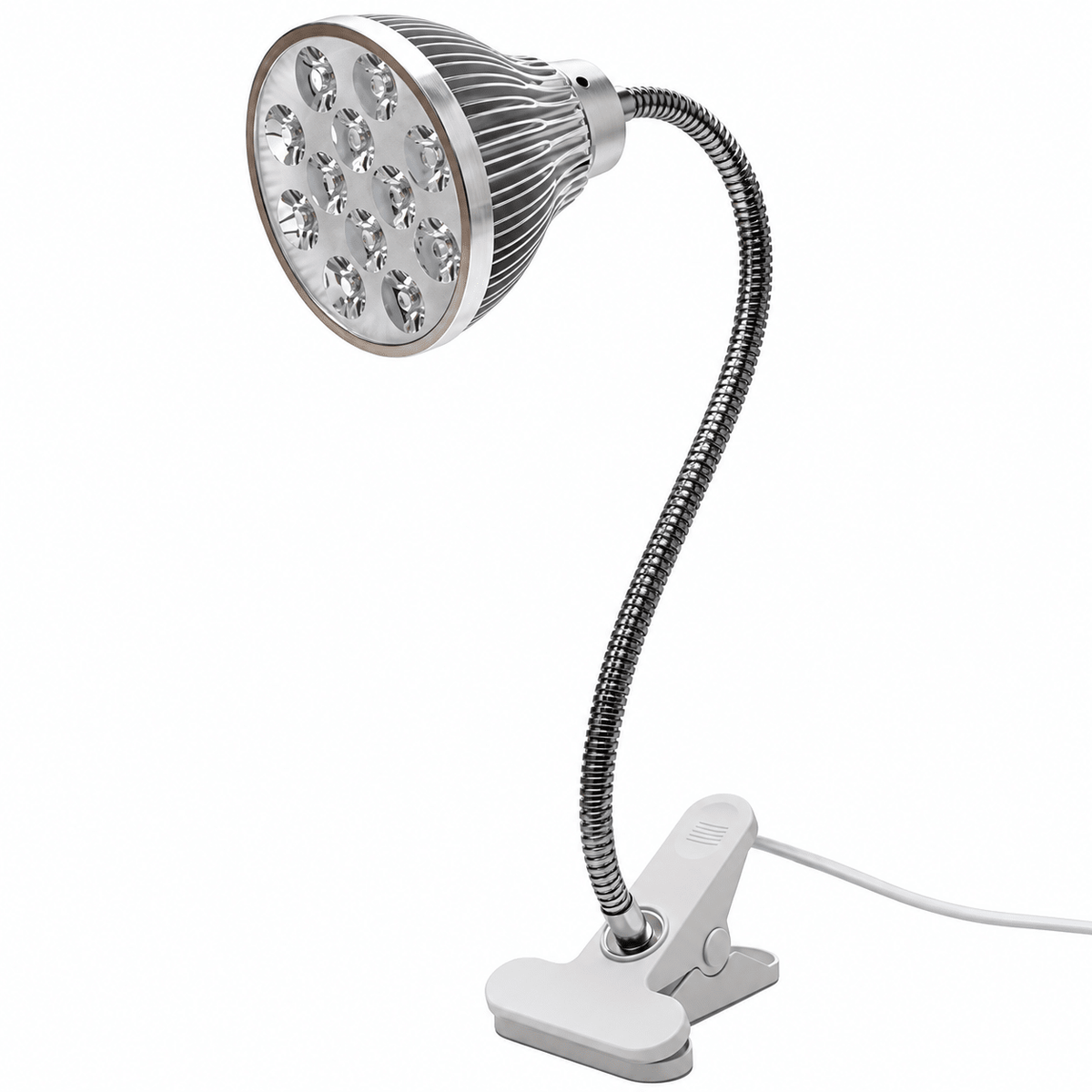 A silver and white desk clip-on LED grow light with a flexible neck and a round head featuring multiple LED bulbs.