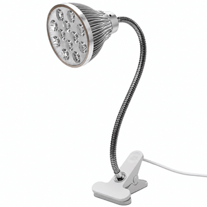 A silver and white desk clip-on LED grow light with a flexible neck and a round head featuring multiple LED bulbs.