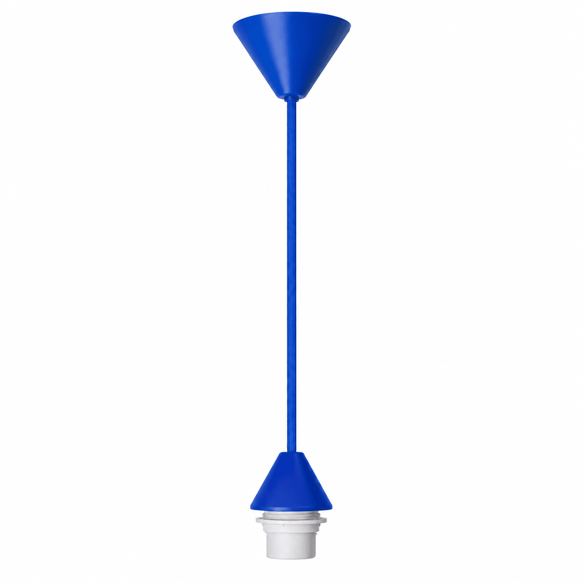 Blue conical ceiling rose kit with a long blue cord and a white lamp holder at the bottom.