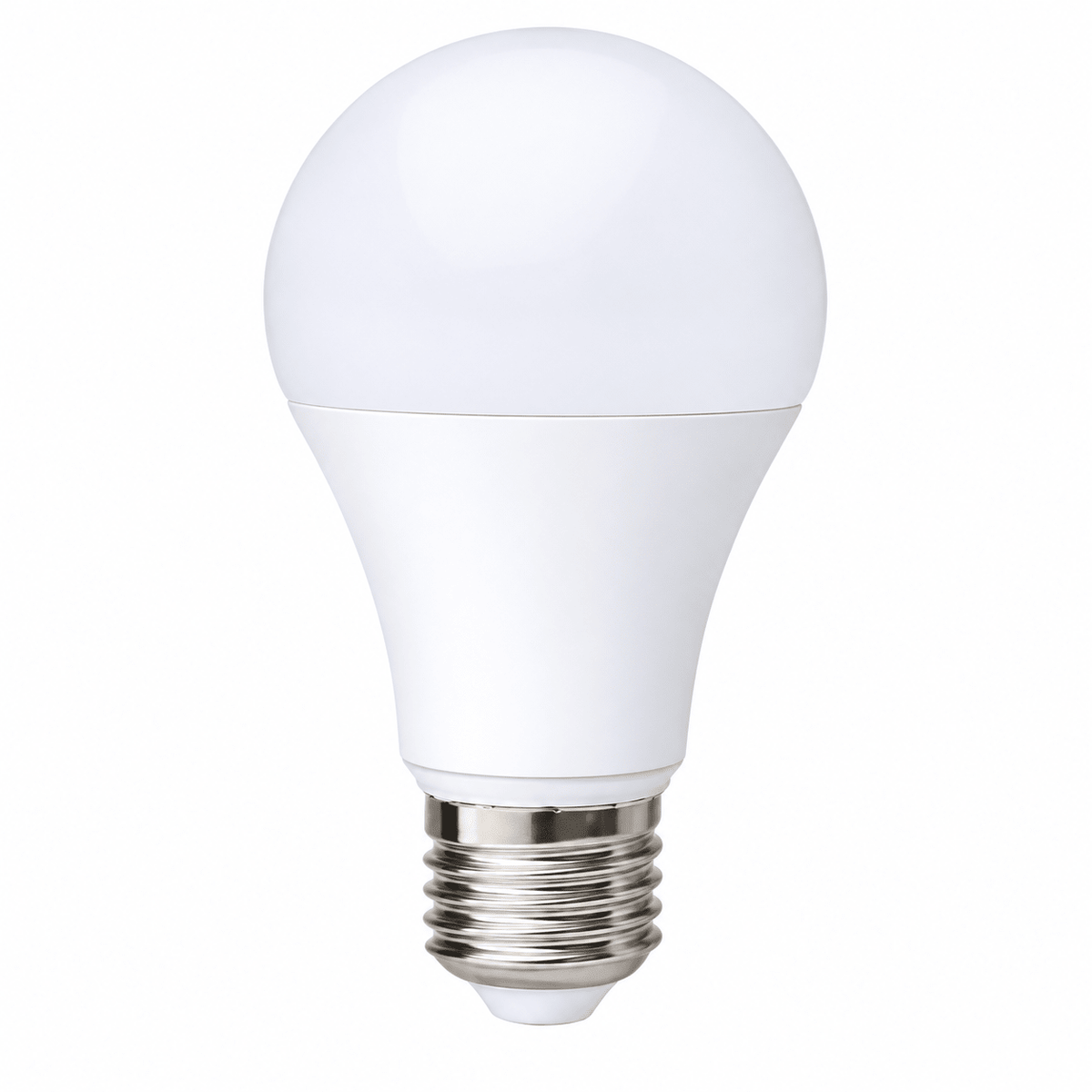 A white LED bulb with a rounded top and a metallic E27 base, featuring a smooth finish.
