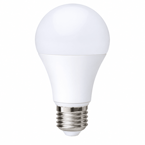 A white LED bulb with a rounded top and a metallic E27 base, featuring a smooth finish.