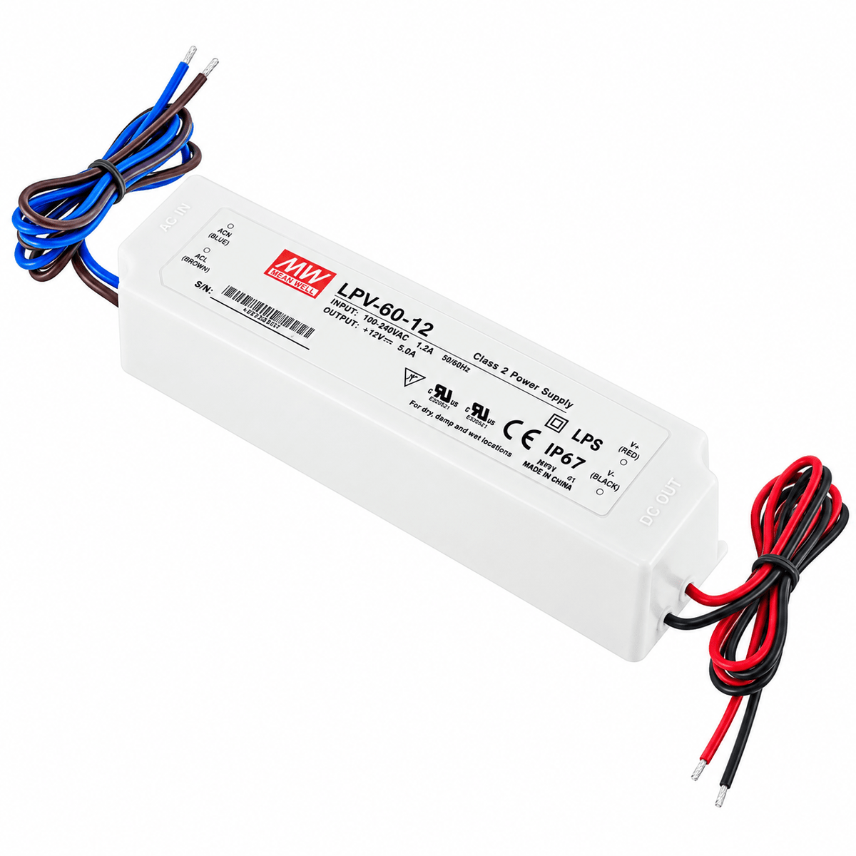 White LED power supply with a rectangular body, labeled on top, and four colored wires (two black, one brown, one blue) attached.